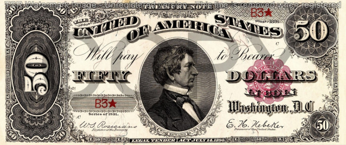 50 dolari 1891 Reproducere Bancnota USD , Dimensiune reala 1:1