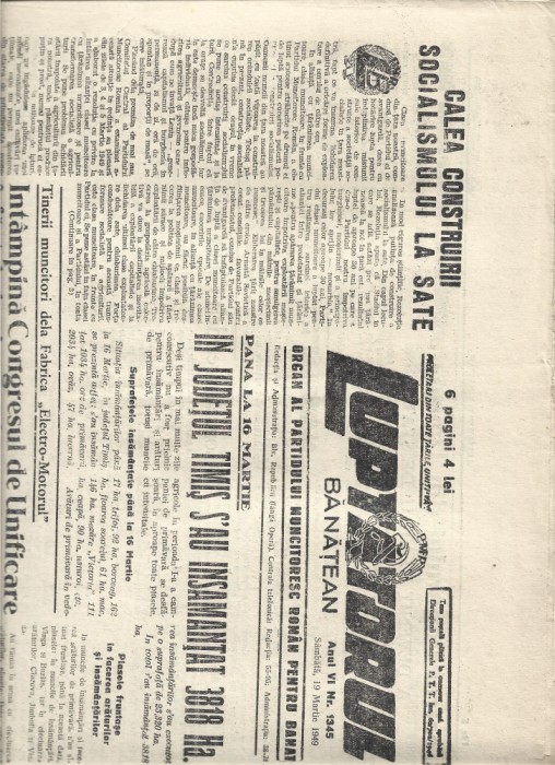 Ziar Luptatorul banatean nr.1345 19 martie 1949 6 pag.
