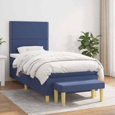 Pat box spring cu saltea, albastru, 90x190 cm, textil foto