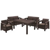 Set mobilier terasa, gradina, maro, polipropilena, Keter Corfu Fiesta, pentru exterior, cu masa, 2 canapele, 2 fotolii, cu perne