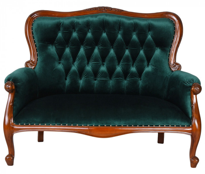 Sofa Chippendale din lemn mahon cu tapiterie catifea verde MAR270