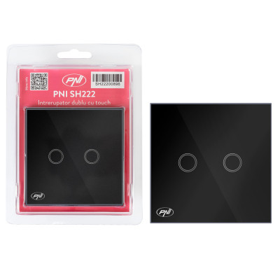 Intrerupator dublu cu touch PNI SH222 din sticla, negru cu LED indicator, 10A, 2X200W PNI-SH222 foto