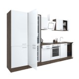 Mobilier de bucătărie Yorki 330, cu corp din stejar Yorki, fațade albe cu finisaj satinat, cu element inferior pentru cuptor, dulap cu rafturi și frig