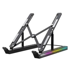 Suport laptop RGB, Pliabil, Cu 7 Trepte Ajustabile, Ergonomic, cu porturi USB integrate, Efecte luminoase Ajustabile, Husa de Transport inclusa, Negru