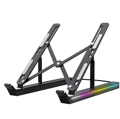 Suport laptop RGB, Pliabil, Cu 7 Trepte Ajustabile, Ergonomic, cu porturi USB integrate, Efecte luminoase Ajustabile, Husa de Transport inclusa, Negru foto