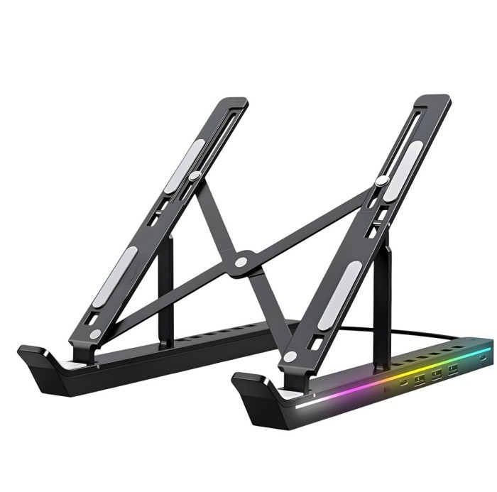 Suport laptop RGB, Pliabil, Cu 7 Trepte Ajustabile, Ergonomic, cu porturi USB integrate, Efecte luminoase Ajustabile, Husa de Transport inclusa, Negru
