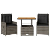 Set bistro de gradina cu perne, 3 piese, gri, poliratan