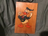 Pirogravura pentru perete in stil retro perioada comunista realizata manual personaj desene animate Donald Duck !