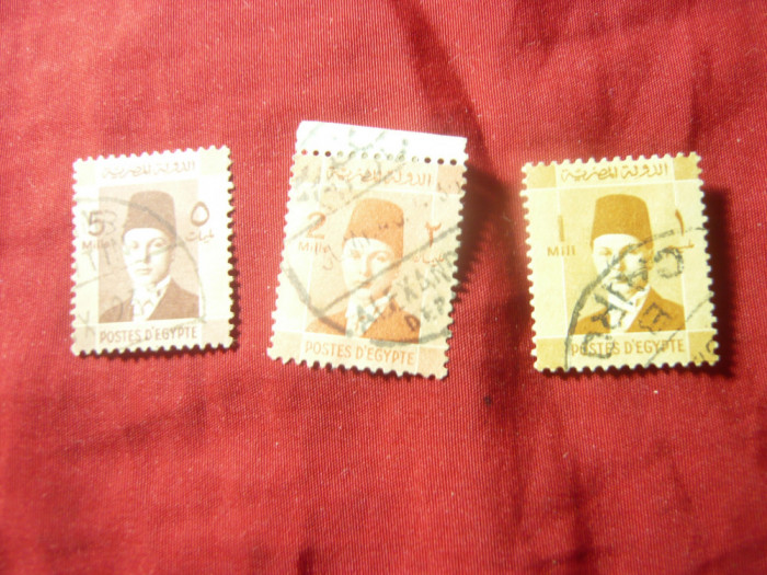 3 Timbre Egipt 1937 Rege Faruk, val. 1,2,5m stampilate