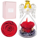 Trandafir criogenat decorativ Miofula, cu figurina inger pazitor si cupola transparenta, cadou pentru femei, mama sau bunica, 22 cm, Sticla si materia