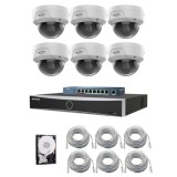 Sistem supraveghere IP Hikvision HiWatch, Functii inteligente, 6 camere 4MP, IR 30m, NVR 8 canale, AcuSense, Switch, Accesorii incluse SafetyGuard Sur