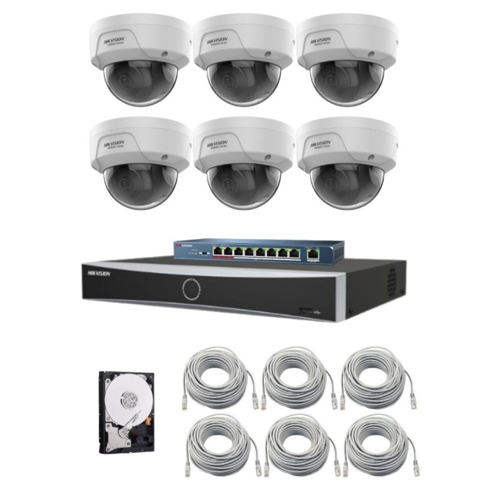 Sistem supraveghere IP Hikvision HiWatch, Functii inteligente, 6 camere 4MP, IR 30m, NVR 8 canale, AcuSense, Switch, Accesorii incluse SafetyGuard Sur