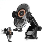 Suport Auto pentru Telefon cu Incarcare Wireless 15W, QC., Detectie Automata la introducerea Telefonului, Prindere Ventuza, 2 in 1, Negru, Xo