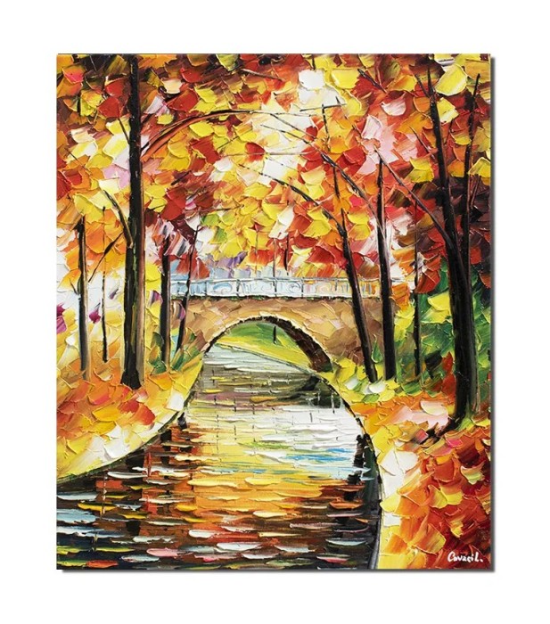 Tablou pictat manual, Peisaj din parc, pod peste parau, 60x50cm ulei pe panza, Superb