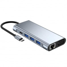 Hub adaptor 11 in 1 USB-C 3.1, HDMI 4K , VGA , LAN RJ45 Ethernet (1000 MB/S), 1x USB-C Data, 3x USB-A 3.0 , Jack Audio, Compatibilitate Power Delivery