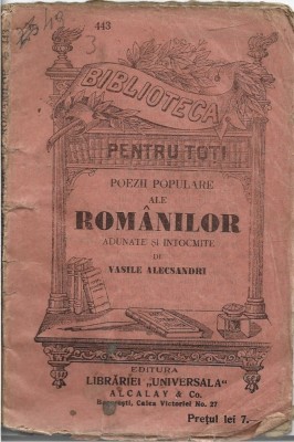 C9260N Poezii populare ale rom&amp;acirc;nilor adunate și &amp;icirc;ntocmite de Vasile Alecsandri, fără an foto