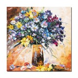 Tablou Aranjament floral in cutit, 50x50cm pictat manual ulei pe panza in cutit efect 3D, gata de agatat pe perete