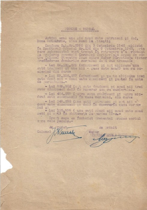 A3646N Predarea valorilor Cercului Teritorial Argeș la predarea comenzii către alt comandant, 1942, Pitești