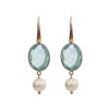 Cercei Argint 925 placat Aur Roz, Cuart Albastru Celest &amp; Perle Cultură Crown - Bijuterii Handmade Italia