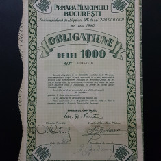 Obligatiune 1000 lei 1940 primaria Bucuresti , tema actiuni , acte vechi , titlu