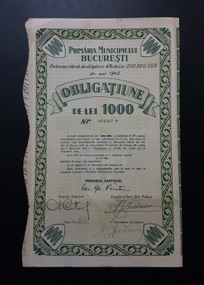 Obligatiune 1000 lei 1940 primaria Bucuresti , tema actiuni , acte vechi , titlu foto