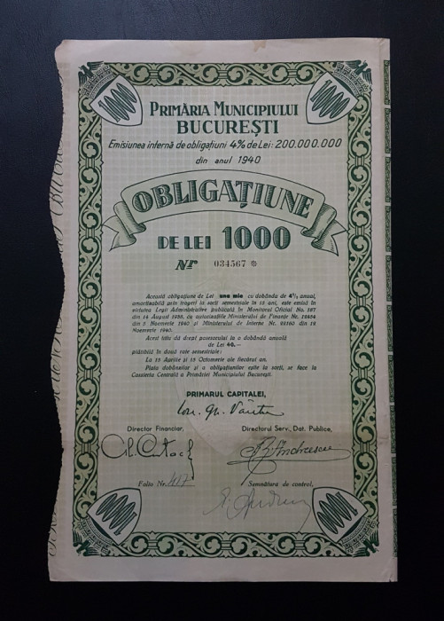 Obligatiune 1000 lei 1940 primaria Bucuresti , tema actiuni , acte vechi , titlu