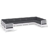 Cumpara ieftin Set mobilier de gradina cu perne, 10 piese, alb, lemn masiv pin