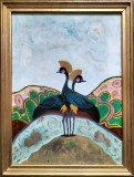 Jan Zinneha-Păuni, pictură modernă, acrilic pe p&acirc;nză, Pasari, Art Deco