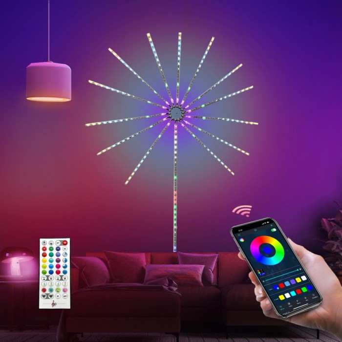 Instalatie Luminoasa LED RGB Fireworks tip banda, Control prin Aplicatie, Bluetooth, Muzica si Voice Control, Decor Interior, 2D Fireworks Light