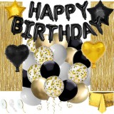 Set 46 baloane si decoratiuni, Happy Birthday, incluse fata de masa si perdea negru auriu Household NewTrend