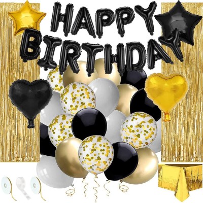 Set 46 baloane si decoratiuni, Happy Birthday, incluse fata de masa si perdea negru auriu Household NewTrend foto