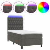 Cumpara ieftin Pat cu arcuri, saltea si LED, gri inchis, 100x200 cm, catifea