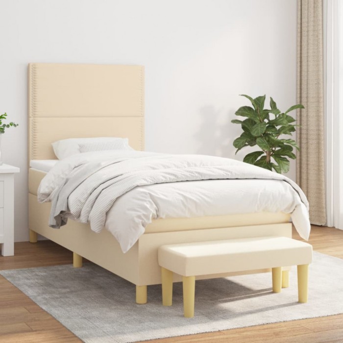 vidaXL Pat box spring cu saltea, crem, 100x200 cm, textil
