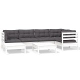 Set mobilier de gradina cu perne, 7 piese, alb, lemn masiv pin