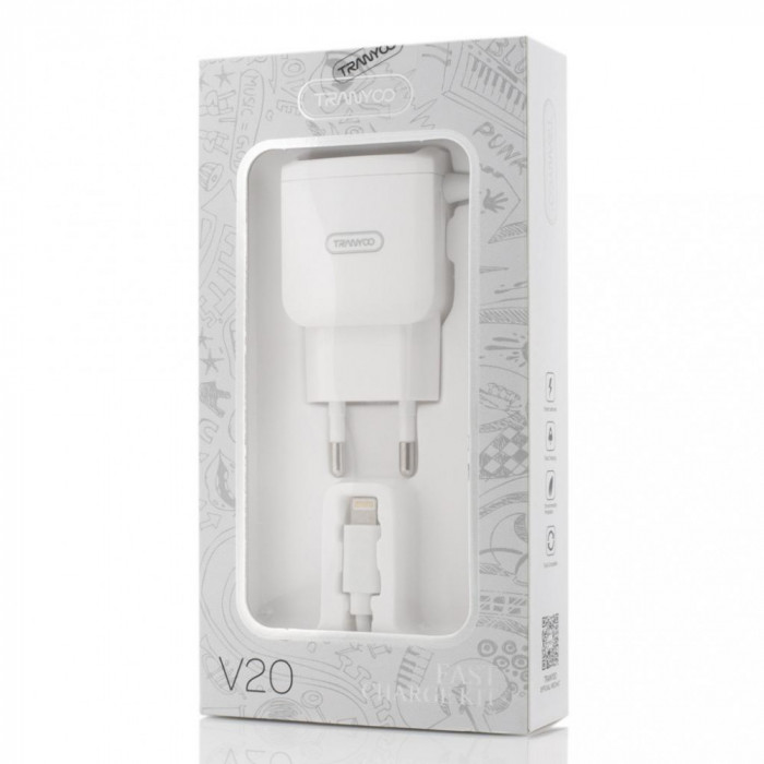 Incarcator Retea Tranyoo, V20, Fast Charge Kit, 2 x USB + Lightning Cable, White