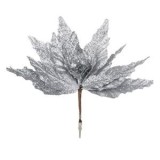 Floare decorativă de Crăciun, argintie, cu sclipici și clips, 26 cm, CMCLASS