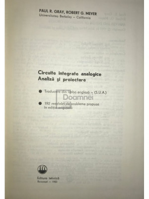 Paul R. Gray - Circuite integrate analogice. Analiză și proiectare (editia 1983) foto