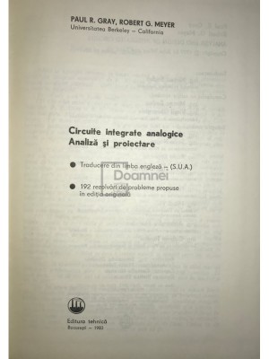 Paul R. Gray - Circuite integrate analogice. Analiza si proiectare (Editia: 1983) foto