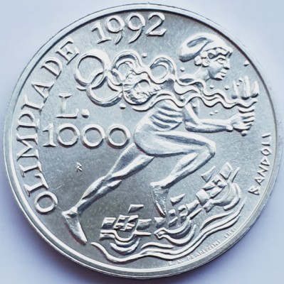 721 San Marino 1000 Lire 1991 1992 Summer Olympics, Barcelona km 272 UNC argint foto