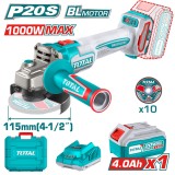 TOTAL - POLIZOR UNGHIULAR 20V - 4.0Ah, MOTOR FARA PERII (INCLUDE 1 ACUMULATOR, 1 INCARCATOR) PowerTool TopQuality