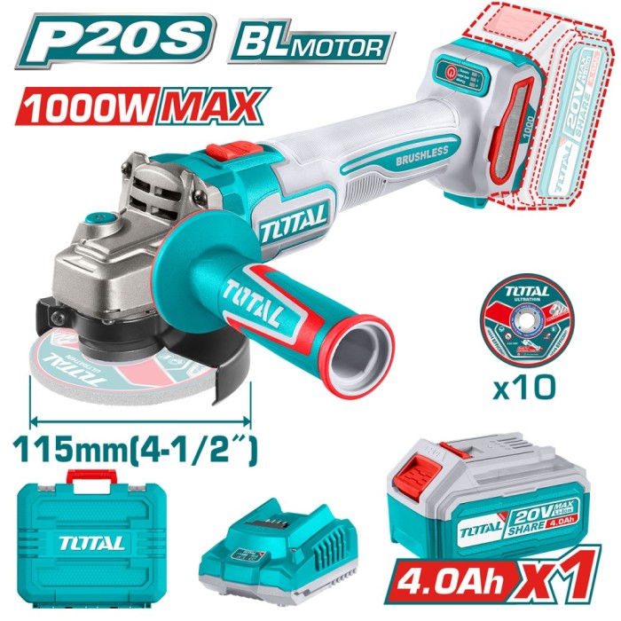 TOTAL - POLIZOR UNGHIULAR 20V - 4.0Ah, MOTOR FARA PERII (INCLUDE 1 ACUMULATOR, 1 INCARCATOR) PowerTool TopQuality