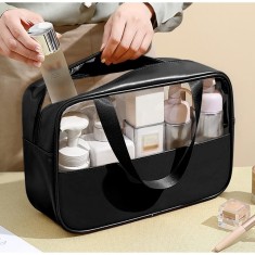 Geanta cosmetice Cyrax, pentru voiaj sau organizare, material PVC/textil, impermeabila, portabila, 26 x 15 x 10 cm, negru