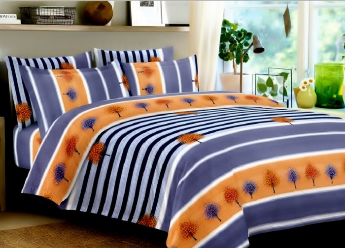 Lenjerie de pat pentru o persoana cu husa elastic pat si fata perna dreptunghiulara, Garden, bumbac mercerizat, multicolor