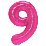 Balon din folie metalizata flippy, figurina cifra, tema aniversare 80 cm, ambalaj individual, pai inclus, umflare cu aer sau heliu, roz, cifra 9