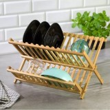 Suport Vase Pliabil Lemn Kinghoff 40x33x24cm, 2 Nivele, Uscător Farfurii, Scurgător Tac&acirc;muri, Organizator Bucătărie