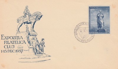 1957 Expozitia filatelica CLUJ, plic cu stampila speciala, statuia lui Ovidiu foto