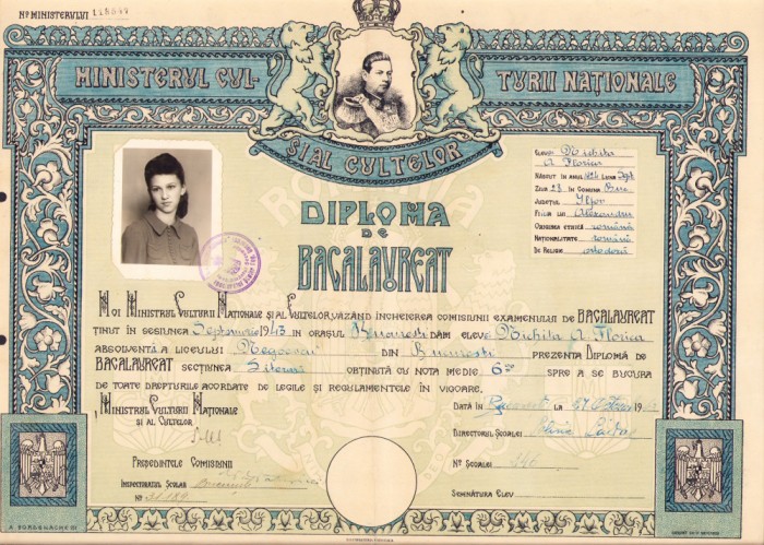 HST PM34 Diplomă de bacalaureat 1943 București Liceul Negoescu