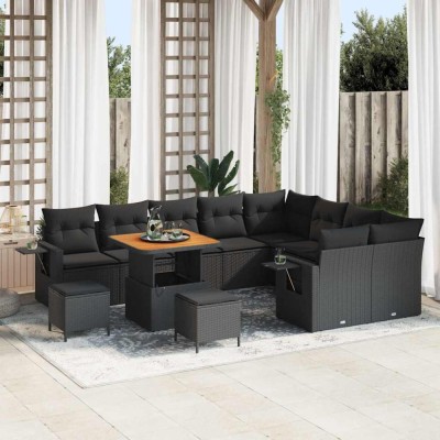 vidaXL Set de canapea de grădină , 12 piese, cu perne. Rattan negru cu acacia. foto