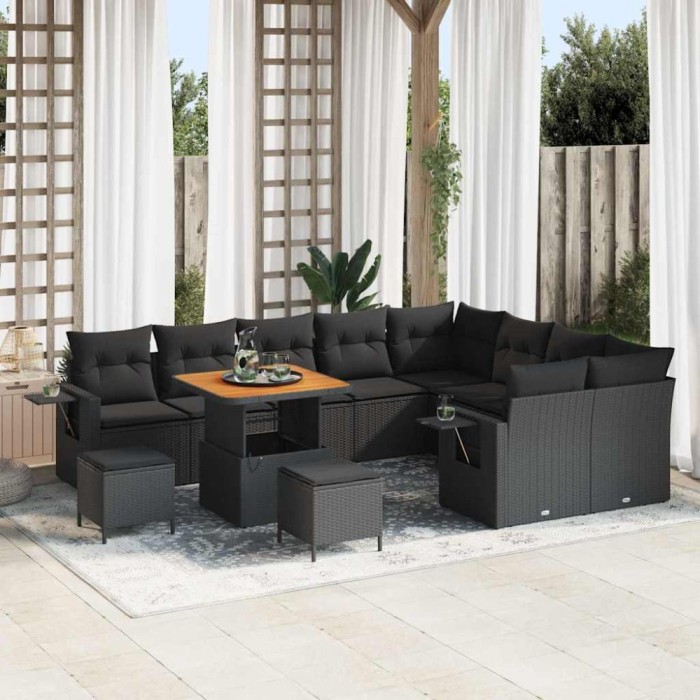 vidaXL Set de canapea de grădină , 12 piese, cu perne. Rattan negru cu acacia.