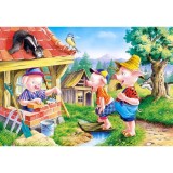 Cumpara ieftin Puzzle 60 de Piese din Lemn in Cutie Metalica, Model Cei Trei Purcelusi, Educativ, Dezvoltare Abilitati Cognitive, pentru Prescolari, 22.5x13.5 cm, Mu